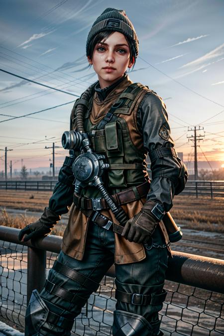 (masterpiece, best quality)
AnnaMetroExodus,  1girl, solo, looking at viewer, short hair, black hair, gloves, hat, weapon, boots, outdoors, parted lips, sky, belt, pants, armor, uniform, vest, tree, lips, gun, military, helmet, goggles, pouch, realistic, fence, railing, beanie, knee pads, bare tree, chain-link fence, barbed wire
<lora:epi_noiseoffset2:1>,  <lora:add_detail:0.7>,  <lora:AnnaMetroExodus:0.8>