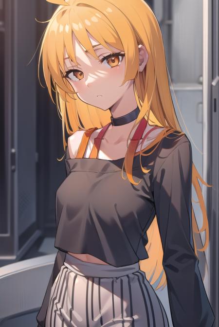 seikaijichi, <lora:seikaijichitest:1>, seika ijichi, ahoge, blonde hair, yellow hair, long hair, (orange eyes:1.5), parted bangs, sidelocks,
BREAK black footwear, black shirt, choker, high heels, long sleeves, pants, shirt, striped, striped pants, vertical stripes, vertical-striped pants,
BREAK looking at viewer,
BREAK indoors, club,
BREAK <lora:GoodHands-vanilla:1>, (masterpiece:1.2), best quality, high resolution, unity 8k wallpaper, (illustration:0.8), (beautiful detailed eyes:1.6), extremely detailed face, perfect lighting, extremely detailed CG, (perfect hands, perfect anatomy),