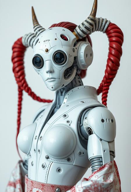 best quality, highly detailed, intricate details, extremely detailed, smooth lines, an android robot designed as a geisha, curvy body, seducive pose. Beautiful face, The android face plate is made of white ceramic material, with many mechanical parts. The android has camera lens eyes, protruding from her face, and clear signs of rusting and wear. She is also wearing traditional intricate Japanese clothes, wide hips and thick thights , two long redhead braids, two long ceramic horns on head, futuristic, technological, alien worlds, space themes, advanced civilizations