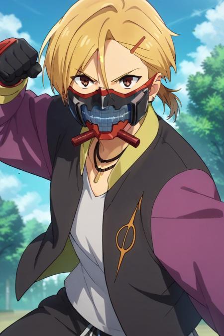 Akatsuki,blonde hair,brown eyes,Short ponytail,hair ornament,hair clip,necklace,jewelry, Mouth mask