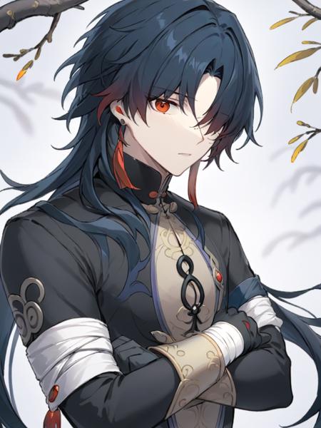 <lora:ren:1>,
1boy,solo,male_focus,crossed_arms,jewelry,long_hair,black_hair,earrings,chinese_clothes,multicolored_hair,hair_over_one_eye,bandages,mandarin_collar,long_sleeves,red_eyes,closed_mouth,gloves,bangs,branch,bandaged_arm,upper_body,tassel,black_gloves,looking_at_viewer,red_hair,