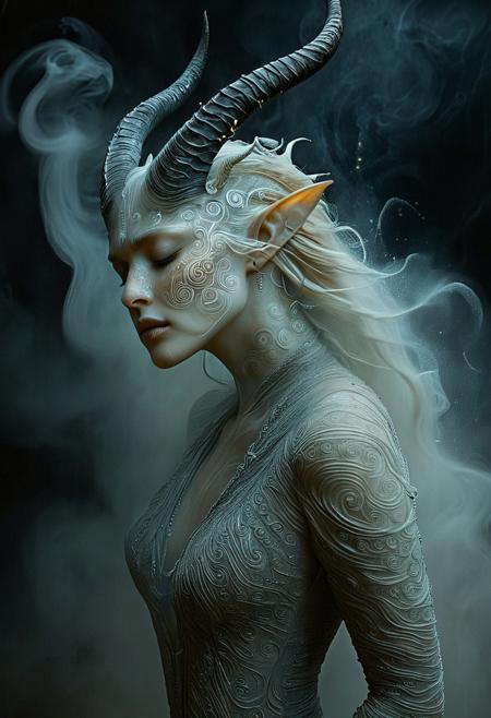 The image is a highly detailed, digital artwork created in a fantasy style. It depicts a serene, ethereal figure with a striking, otherworldly appearance. The subject is a woman with an elongated, almost androgynous face, adorned with intricate, swirling patterns on her skin that resemble ancient, mystical symbols. Her eyes are closed, giving her a contemplative, almost serene expression. 
The woman's most prominent feature is her head, which is covered in a helmet-like structure made of dark, twisted horns that spiral backwards, giving a demonic yet elegant impression. The texture of the horns is rough and almost organic, blending seamlessly with her skin, creating a mesmerizing, almost fluid look.
Her hair cascades down like a flowing mist, blending with the ethereal mist around her, which emits a soft, ethereal glow. The background is a dark, swirling vortex of cosmic mist, filled with glowing, golden orbs and faint, ethereal light, suggesting a celestial or mystical setting.
Her skin has a pale, almost ghostly texture, and her attire is minimal, consisting of flowing, ethereal robes that seem to be part of the misty background. The overall mood is one of serene, mystical contemplation, with a hint of cosmic, otherworldly power.