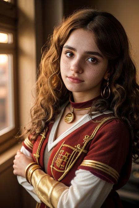 (1girl:1.1), photorealistic, short voluminous fluffy brown curly hair, Gryffindor costume, (European:1.3), brown eyes, (cosplay:1.3), (25 years old, young:1.2), earring, (Hermione:1.5), jewelry, with subtle freckles, subtle skin blemishes, visible skin pores, natural skin texture, (inviting expression:1.3), choker, cream eyeliner, beautiful hands, cozy bedroom, (golden hour:1.4), (warm glow:1.5), warm colors, RAW Photograph, leica full frame camera, soft lighting, high quality, insane details, masterpiece, 8k, (80mm f/1.2 photograph:1.5), highly detailed