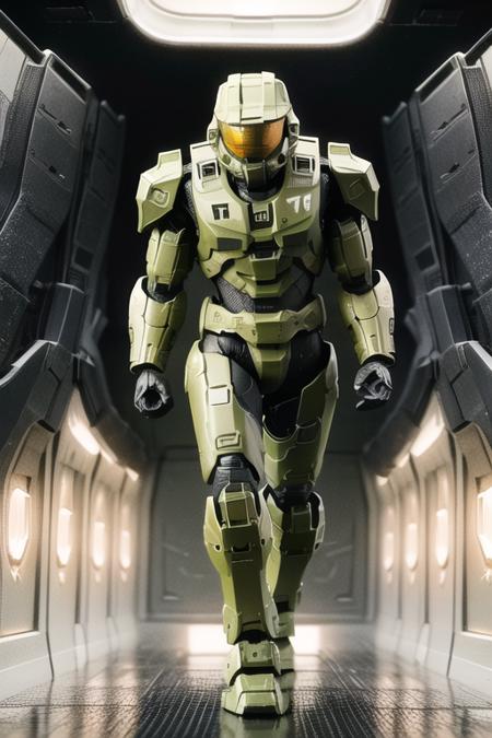 Best quality, masterpiece,
1boy,  <lora:masterchief:0.7>, masterchief, armor, belt, energy_gun, full_armor, helmet, machinery, mecha, no_humans, pilot, pilot_suit, power_armor, robot, solo, 
full body, walking, (in spaceship:1.5), corridor background,