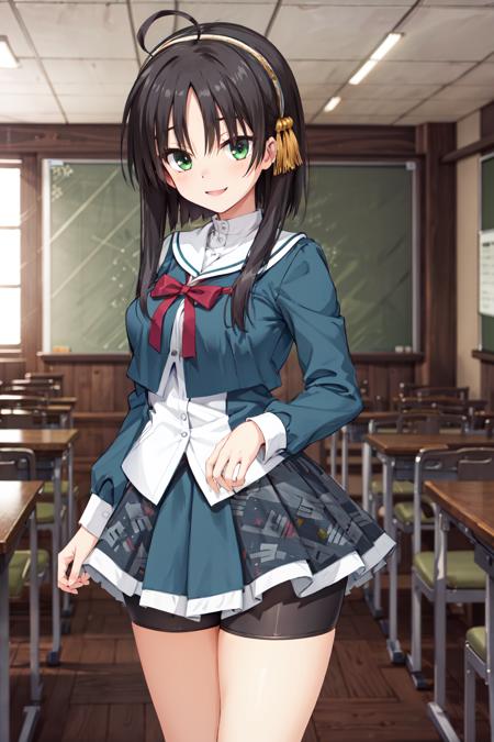 masterpiece,best quality,highres,ultra-detailed,aamako,short hair with long locks,green eyes,ahoge,hairband,school uniform,ribbon,long sleeves,skirt,bike shorts,socks,shoes,<lora:hitachi_mako:0.7>,classroom,standing,smile,cowboy shot,