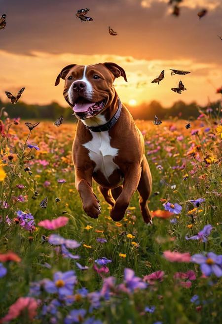 Brown pitbull frolics in a sunset-drenched, vibrant wildflower meadow, intricate lighting capturing the playful dance with flittering butterflies, macro photography revealing incredible detail, nuances alive with high quality UHD, pen and ink finesse, a composition rivaling art trends on Artstation, captured in 8K photorealism, volumetric lighting creating a cinematic tableau, octane
