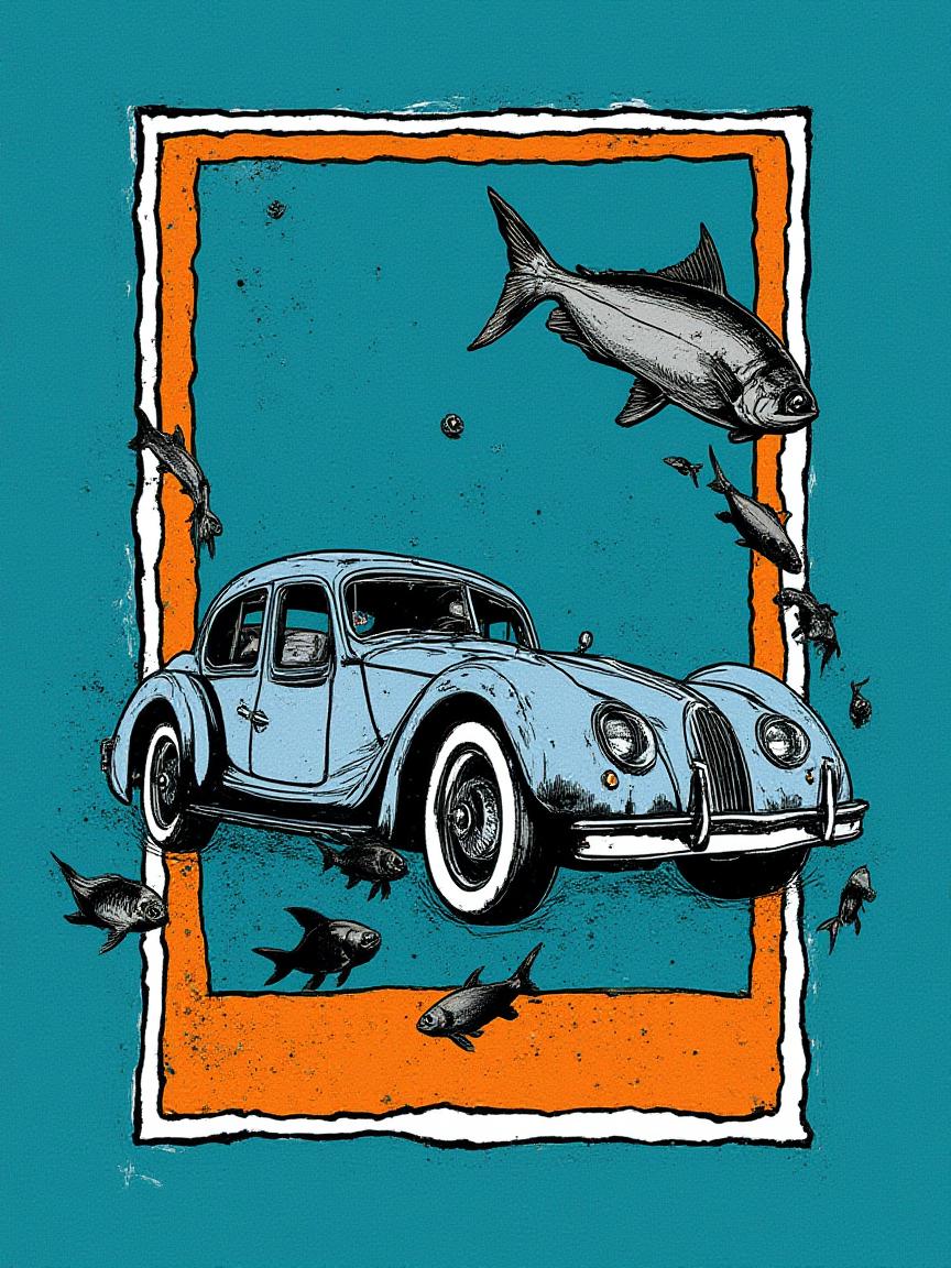 1nk3dc4r An illustrated image of a vintage car driving underwater with fish around. background is deep blue, frame is orange with thin white border, <lora:inkedgemono-simple_epoch-08:1.0>