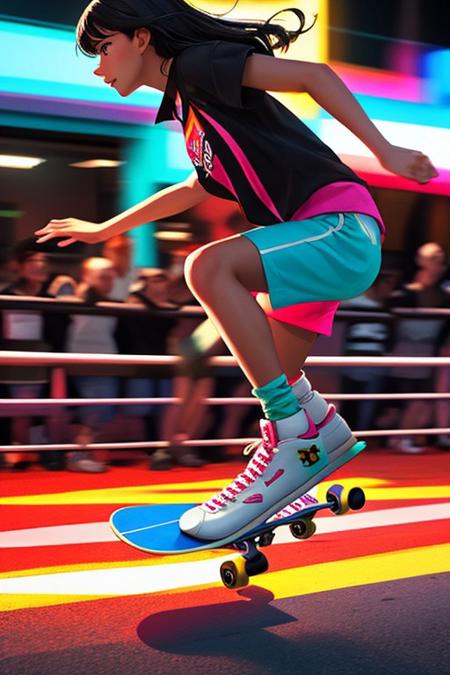 a leroynieman style painting of 1girl, A closeup of a skateboarder mid-trick in a vibrant urban skate park, the background is a blur of neon colors, with streaks of red, yellow, and blue highlighting the movement and energy, the dynamic brushstrokes emphasizing the skateras speed and skill, surrounded by a vibrant, cheering blur of the crowd.