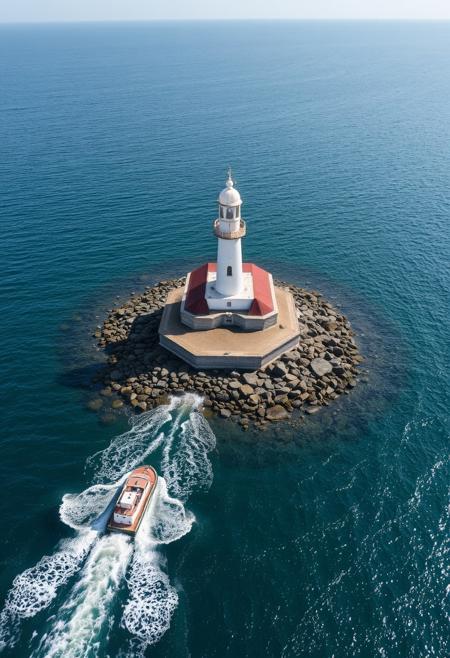 outdoors, water, no humans, ocean, from above, traditional media, building, watercraft, boat, lighthouse