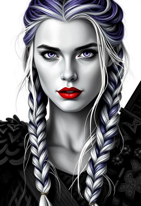 Different mimics and womanfaces, black and white portrait of a Viking warrior woman with braided purple and white  hair, wearing red lipstick, Purple eyes. long blonde braid, looking forward, white background, high contrast, low color palette, fantasy style, detailed --chaos 55 --ar 1:2 --personalize yruxpc2 --stylize 750 --v 6.1