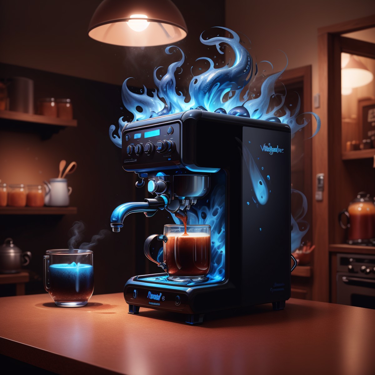 masterpiece, absurdres, extremely detailed,  <lora:MadeOfFireAI:0.6>, madeoffireai, blue fire, coffee machine, kitchen, da...