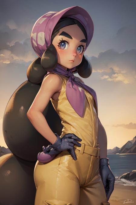 (masterpiece, best quality:1.2), <lora:pokemon_hapu-10:1>, cowboy shot, solo, 1girl, hapu \(pokemon\), dark skin, dark-skinned female, expressionless, closed mouth, looking at viewer, hand on hip, twintails, bonnet, thick eyebrows, sleeveless jumpsuit, gloves