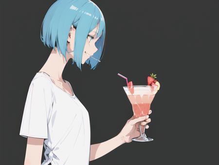 (flat color), (illustration), many layers, choppy, limited tone, (masterpiece), (bestquality), (ultra detailed), profile, woman is drinking a strawberry cocktail through a straw, wearing white T-shirt, wearing blue jeans, aqua hair, short bob hair, slim, mature, flat chest, (walking), (perfect smile), model, perfect shadow,