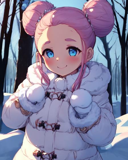 <lora:e7 Choux:1> e7 Choux, pink hair, two hair buns, (comb over hair, clear forehead), plump cheeks, oversized white fur coat, white mittens, smiling,
(naked under the coat, nsfw, flat chest),
playing in the snow, snow falling, outdoors, snowy woods,
(masterpiece),  best quality, highres, 4k, 8k, Detailed Illustration, intricate detail, cinematic lighting, amazing quality, 1girl, fit female, amazing shading, soft lighting, facing camera, perfect eyes