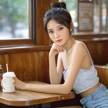 realistic photo of a girl wearing a croptop, bare shoulders, jeans, sitting in a diner, beautiful, detailed face, detailed, highres, realistic, photorealistic, full body, head to toe, legs, matte skin, pores, wrinkles, (extremely detailed CG unity 8k wallpaper), photo of the most beautiful artwork in the world, professional majestic (photography by Steve McCurry), 8k uhd, dslr, soft lighting, high quality, film grain, Fujifilm XT3 sharp focus, f 5.6, High Detail, Sharp focus, dramatic, (looking at viewer:1.2), (natural light),