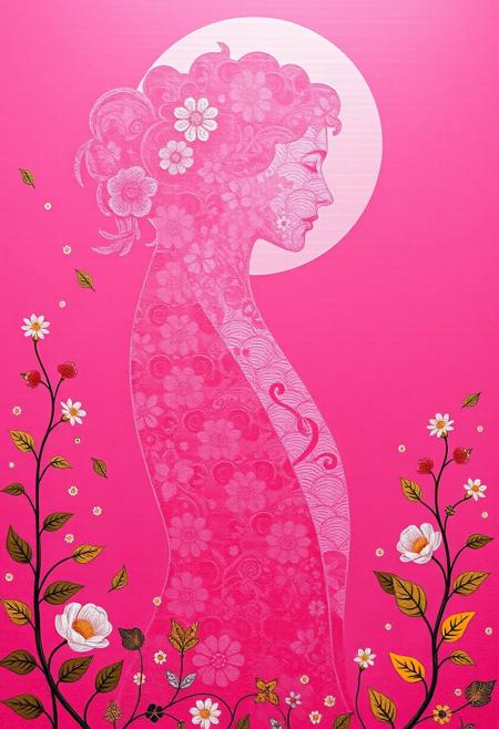 (masterpiece), (high quality), (ultra-detailed), serene pink silhouette, (embodying the gentle strength of breast cancer awareness), (delicate layered textures), intricate patterns and symbolic elements, flowers, vines, flowing shapes, (influences of Gustav Klimt's organic motifs), (playful and colorful touches inspired by Takashi Murakami), bold expressive colors reminiscent of Frida Kahlo, multi-dimensional effect, (subtle gradients and shimmering highlights), solid pink background, (soft warm ethereal glow), (harmonious and uplifting atmosphere), calm and strong mood, semi-abstract style, artistic textures, layered details