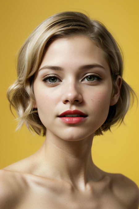 AmandaPflugrad, (light blonde hair, closeup on face:1.3), razored combover bob haircut, ((red lipstick)), ((slim, fit, lanky, coltish:1.5)), yellow cashmere sweater, luxury, looking at viewer, Hasselblad H6D, 80mm portrait, natural lighting, oiled skin, perfect eye blush, slightly open mouth, long eye lashes, <lora:epiCRealismHelper:0.2>, <lora:hairdetailer:0.3>, ((basic yellow backdrop:1.3)), detailed skin texture, (blush:0.5), (goosebumps:0.5), subsurface scattering, RAW candid cinema, 16mm, color graded portra 400 film, remarkable color, ultra realistic, textured skin, remarkable detailed pupils, realistic dull skin noise, visible skin detail, skin fuzz, dry skin, shot with cinematic camera