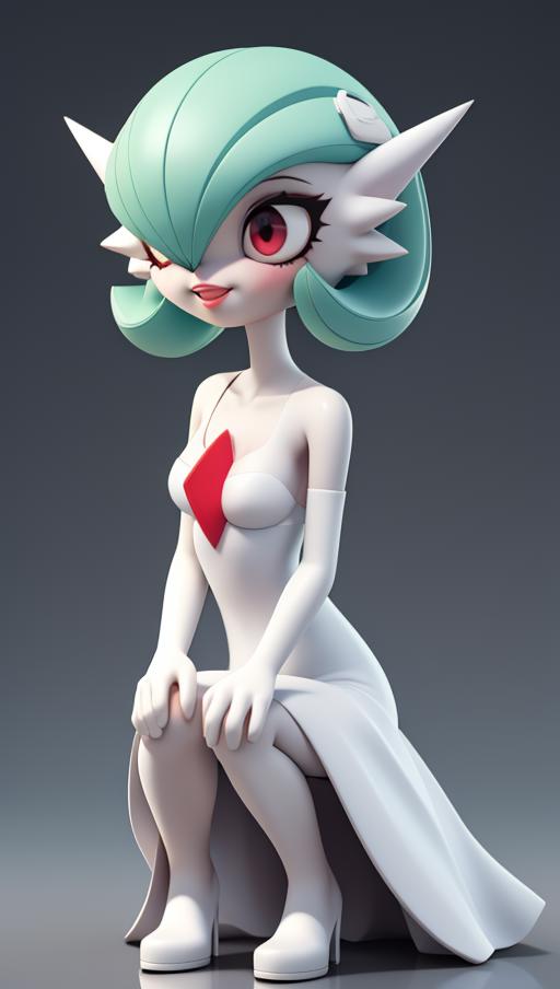 A 3D rendered female character wearing a white dress and red bow.