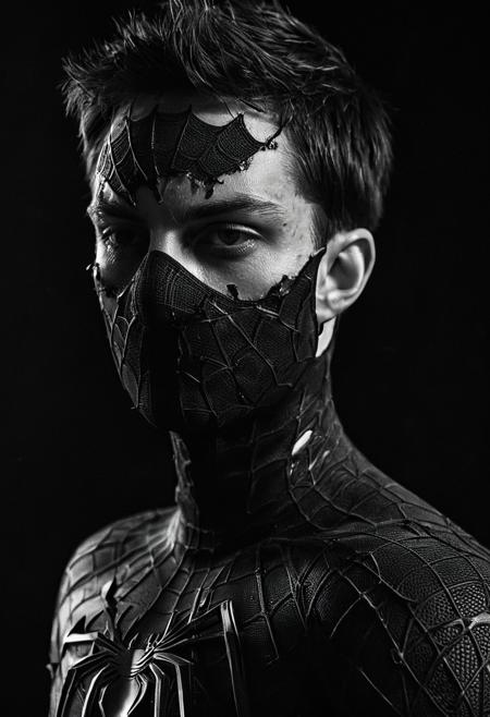 high-contrast monochrome palette, Tobey Maguire in Spider-man suit, (skin pores:0.5), (skin oils:0.3), black background, black-and-white, calm looking, shadow over eyes, cool looking, portrait, side view, ripped suit, blood, ripped mask, damaged mask, dark eyes, broken, Half of the face is shaded, muscular