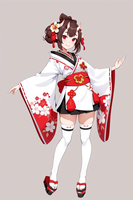 Concept art, Japanese two-dimensional style, game character design, 1girl, solo, thighhighs, japanese clothes, brown hair, hair ornament, white background, flower, hair flower, smile, kimono, horns, red eyes, white thighhighs, virtual youtuber, full body, looking at viewer, simple background, wide sleeves, oni horns, platform footwear, ribbon-trimmed legwear, hair bun, skirt, standing<lora:erciyuanV5:0.8>,