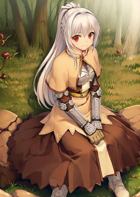 <lora:swordsmanROBetaV1:0.82>,swdro, 1girl, armor, belt, boots, dress, white hair, ponytail, red eye, 
looking at viwer, sitting on rock, smile, hand on floor, 
fantasy background, forest, lake aside, sun, morning,