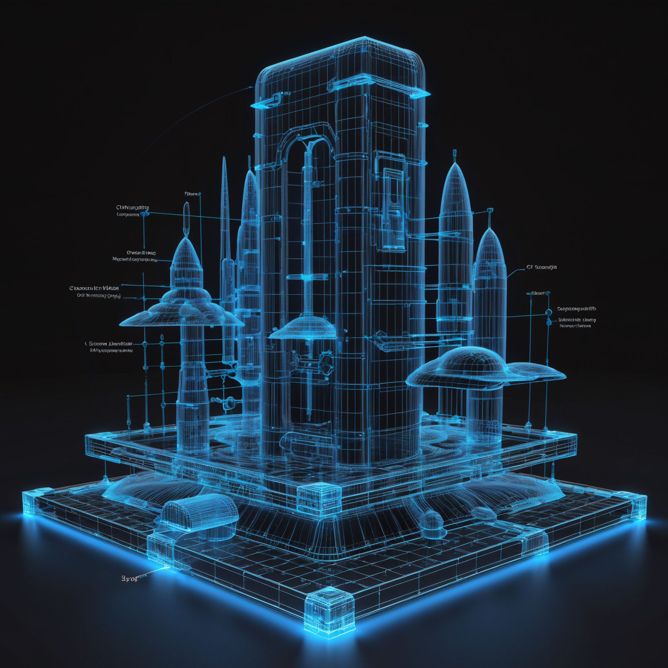 glowing blue on black 3d wireframe, diagram, scifi, morning, blue sky, clouds, architecture, "at the cloud Monolith"<lora:...