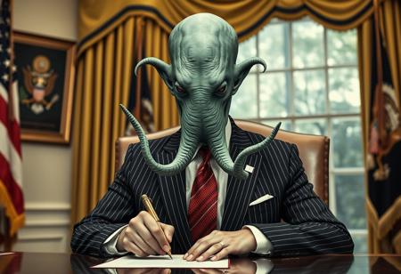 president cthulu in a sharp pin striped suit posing for presidential portrait in the oval office, real photograph, signing bill, empty eyes, lovecraftian, vote for cthulu photorealistic, correct hands, correct fingers, seal of the president of the united states