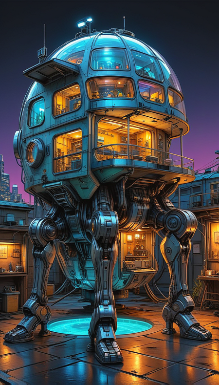 (cel-shading:2)+, (in ARTIST style:1.6), (masterpiece:1.7), hyperrealism, glossy, shinny,
clear image, accurate picture, clear picture, precise image, focused image, Science fiction style, Science fiction,
(cozy comfy glowing living space house) on mechanical legs, science fiction, aquarium on mechanical legs focus, neon glowing cyberpunk city street background, mecha,
comic style, (ultra sharp focus:2), (thin lines:2),
(best quality:1.8),
<lora:Apparatus_-_Traction_City_Walkers_Vehicles:0.8>,