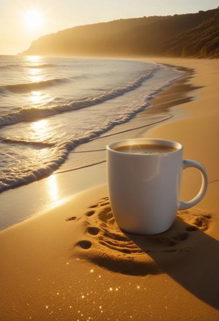In a single moment, a mystical beach emerges within the confines of a cozy mug, The warm glow of the sun illuminates the beach, casting a golden hue on the sand and creating a cozy and inviting atmosphere, 8k, hd,