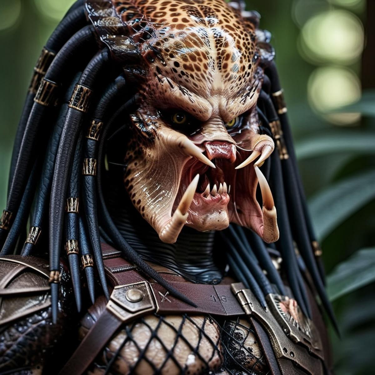 The Predator's face is shown in close-up, displaying its menacing teeth and mandibles.