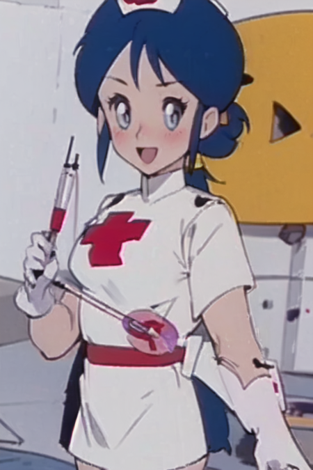 Jankenmama Big cute eyes Blue hair Ponytail with yellow hair band Short sleeves White gloves Blue belt White boots Nurse Nurse hat White dress with red cross Short white skirt Sidelocks