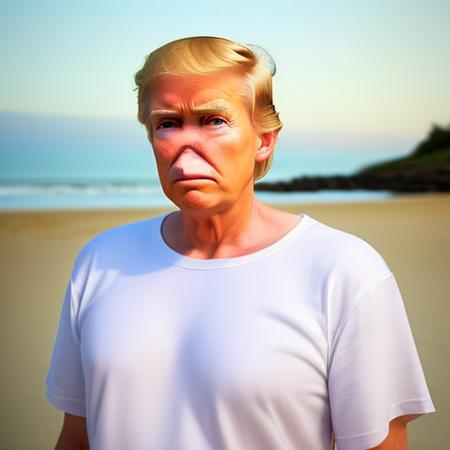 donald trump in a beach, (white hair)<lora:nose_remover-000033:1>, t-shirt