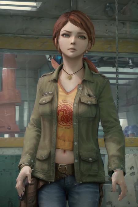 Stacey Forsythe, red hair, short hair, ponytail, jewelry, earrings, necklace, jacket, shirt, belt, jeans, midriff, navel,