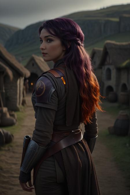 cinematic film still sabine wren, long hair, at medieval village looking over shoulder, full body shot from behind <lora:Sabine_Wren:0.8> . shallow depth of field, vignette, highly detailed, high budget Hollywood movie by james cameron, bokeh, cinemascope, moody, epic, gorgeous, film grain, grainy