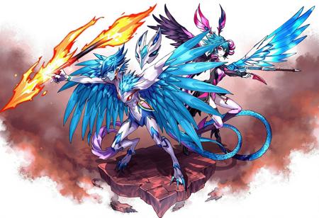 This captivating artwork showcases three distinct Harpie Lady Sisters, each with unique color schemes and weapons, arranged in a dynamic Phoenix Formation on a textured Pandemonium. The blue and white Cyber Harpie in the foreground, wielding a Fire Whip, gives an impression of readiness for a fantasy battle. Behind it, the pink and black, and blue and white Harpie Ladies, each equipped with a Performapal Whip Snake, add depth and motion to the image. The artwork is masterfully crafted with sharp lines, brilliant colors, and intricate details, resulting in a lifelike and vibrant 4K illustration, designed to inspire awe and appreciation from the viewer.