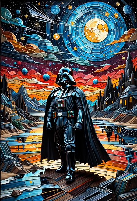 Darth Vader in the Van Gogh style, Death Star in the sky, starry sky, Dan Mumford, Andy Kehoe, 2d, flat, cute, adorable, vintage, art on a cracked paper, patchwork, stained glass, fairytale, storybook detailed illustration, cinematic, ultra highly detailed, tiny details, beautiful details, mystical, luminism, vibrant colors, complex background, fine art, oil painting, best quality <lora:xl_more_art-full_v1:0.3>