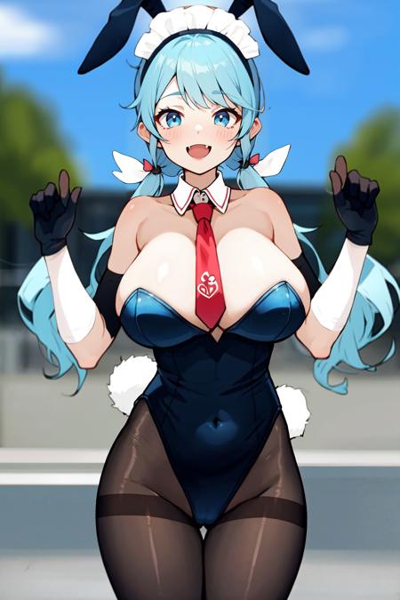 1girl, breasts, solo, animal ears, rabbit ears, huge breasts, gloves, pantyhose, playboy bunny, fang, necktie, elbow gloves, leotard, long hair, fake animal ears, outdoors, smile, cleavage, open mouth, maid headdress, black gloves, twintails, tail, looking at viewer, blush, covered navel, detached collar, very long hair, blue hair, skin fang, low twintails, day, aqua eyes, bangs, bare shoulders, aqua hair, highleg leotard, :d, necktie between breasts, blue eyes, black pantyhose, black leotard, highleg, rabbit tail, cowboy shot, hands up, short necktie, blue necktie, standing