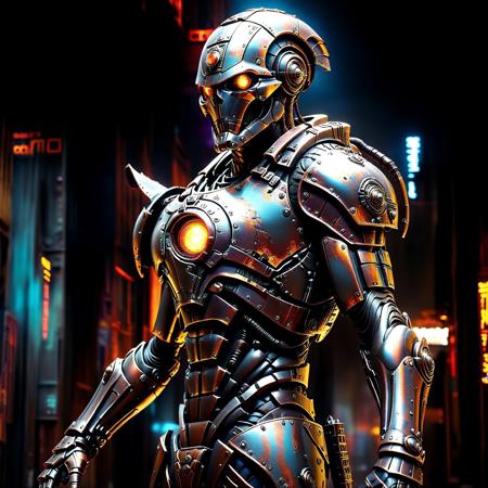 hyper-detailed 35mm film still bursts with vivid colors—intense purples, fiery reds, and gleaming golds—in a dynamic scene that captures a futuristic cyborg styled as a Steampunk Roman Praetorian. In full body, this faceless android formerly served as a War Weary and Battlescared Steampunk Centurion in the Praetorian Guard and now returns as an Evocati. He strides aggressively through a neon-lit urban steampunk rusted battlefield where ancient Roman architectural ruins blend seamlessly with cutting-edge cybernetic design. His intricately detailed helmet, adorned with ornate, softly luminescent engravings and digital overlays, echoes the classical “SPQR” grandeur while his sleek, metallic armor reveals scars and wear from countless past campaigns. The cyborg’s poised yet determined expression (conveyed through piercing, emotionless optics) hints at his inner awareness: all along, he’s been unraveling the betrayal and nefarious conspiracies of his former comrades. The background whirls with motion—a blur of futuristic elements and shifting light—while dynamic neon streaks and digital grain emphasize the cinematic, high-energy ambiance. Every element, from the reflective chrome surfaces to the holographic battlefield details, underscores that this character is not a mere statue but a living, breathing veteran caught in a swirling conflict between loyalty and treachery.