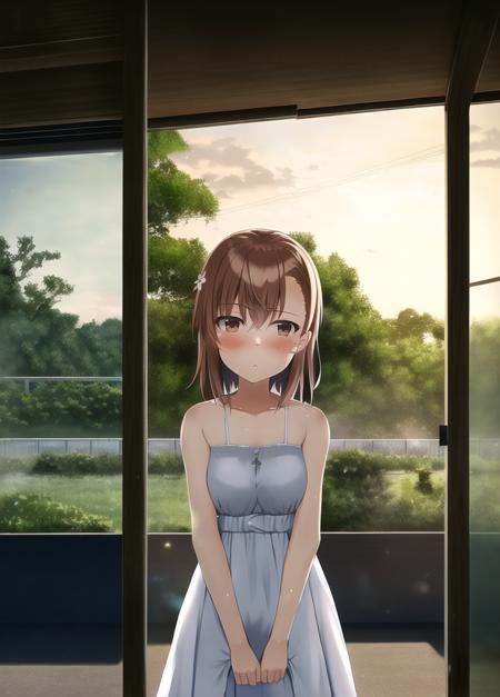 misaka mikoto,1girl, solo, sundress, best quality, tsundere, medium breasts, ray tracing, cinematic lighting, chiaroscuro, depth of field, caustics, absurdres,