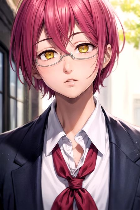 masterpiece, best quality, high quality, 1boy, solo, male focus, looking at viewer, upper body, depth of field, <lora:gowther_nanatsu_no_taizai:0.70>, gowther_nanatsu_no_taizai, glasses, pink hair, yellow eyes, school uniform