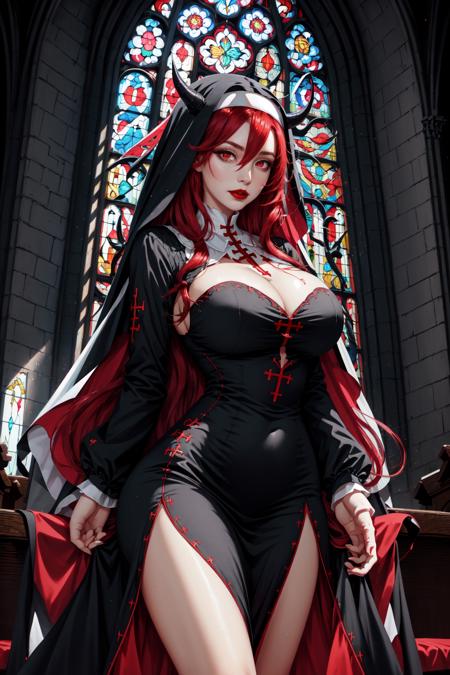 Demonic Nuns,  1girl,  solo,  long hair,  looking at viewer,  large breasts,  red eyes,  long sleeves,  dress,  cleavage,  hair between eyes,  red hair,  parted lips,  horns,  indoors,  black dress,  window,  cross,  red lips,  nun,  habit,  church, <lora:EMS-57424-EMS:0.700000>