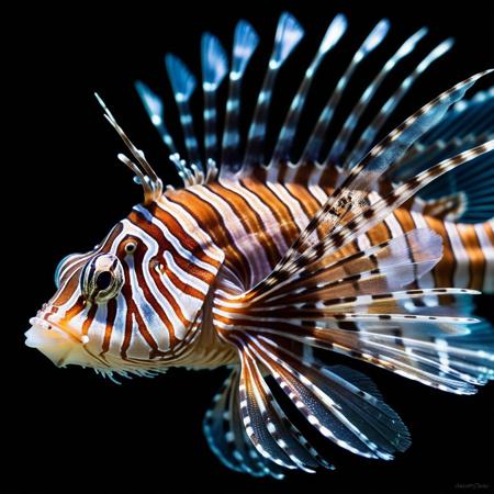 chrome lionfish, 
Broken Glass effect, 
no background, 
stunning, 
something that even doesn't exist, 
mythical being, 
energy, 
molecular, 
textures, 
iridescent and luminescent scales, 
breathtaking beauty, 
pure perfection, 
divine presence, 
unforgettable, 
impressive, 
breathtaking beauty, 
Volumetric light, 
auras, 
rays, 
vivid colors reflects