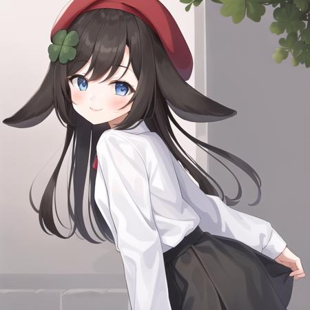 <lora:Kiki-type2-000001-merge-03:1> 1girl, Kiki, four-leaf clover hairclip, standing, looking at viewer, white shirt, black skirt, long sleeves, red beret, from side, smile, ears