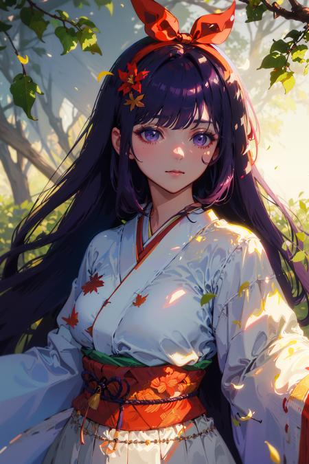 ((masterpiece,best quality)),1girl, blurry background, branch, dappled sunlight, flower,  hair flower, hair ornament, japanese clothes, kimono, leaf, (maple leaf:1.9), obi, outdoors, sash, solo, sunlight, upper body beautiful face,dark purple hair,light purple eyes,zoom in on eyes,long hair,sideburns,straight hair,face to face,dark purple streaked hair,upper body, manly,medium breasts, manly,mature female,voluptuous,<lora:BellaV2:0.8>,(bow hairband),