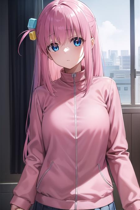 hitorigotou, <lora:hitorigotou-lora-nochekaiser:1>, 
hitori gotou, blue eyes, cube hair ornament, hair between eyes, hair ornament, pink hair, one side up, long hair,
BREAK black skirt, jacket, long sleeves, pants, pants under skirt, (pink jacket:1.5), pink pants, pleated skirt, skirt, track jacket, track pants, track suit,
BREAK indoors, classroom,
BREAK looking at viewer, (cowboy shot:1.5),
BREAK <lyco:GoodHands-beta2:1>, (masterpiece:1.2), best quality, high resolution, unity 8k wallpaper, (illustration:0.8), (beautiful detailed eyes:1.6), extremely detailed face, perfect lighting, extremely detailed CG, (perfect hands, perfect anatomy),