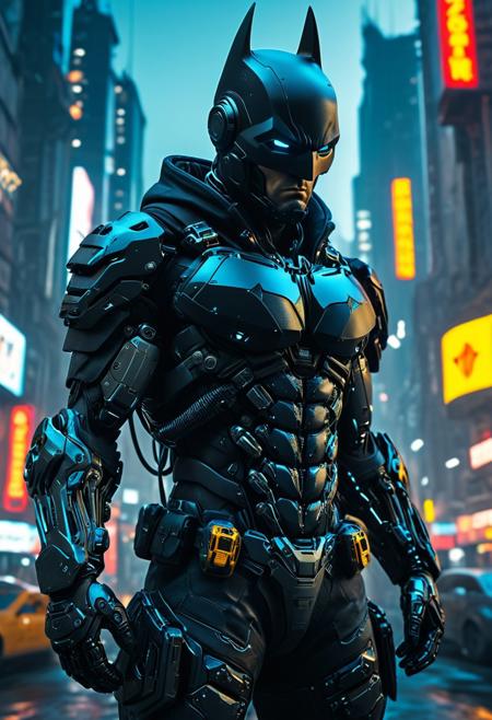 A stunning masterpiece featuring a full-body shot of Batman, captured through intricate raw photography. Set in a cyberpunk-inspired, highly detailed 3D rendering, the image showcases top-quality, ultra-high-resolution detail. The composition features a cowboy-themed photo with a photorealistic (1.4) finish, a raw photo, and official art. A close-up of a character with a complex background, the image has a surreal, atmospheric, and sinister quality.
The scene is set against the backdrop of a cyberpunk city with neon street lights, creating an Insta-worthy, Photo of the Year-worthy shot. The advanced cyber helmet, mecha, robot, armor, and mechanical arms of the figure, all set within an exo-suit, elevate the science fiction theme. The character's clothing is worn and asymmetrical, with a tactical oversized black hoodie, advanced black helmet with a HUD, and black techwear cargo pants. The figure's aggressive pose is accentuated by punk-rock, rebellious, and futuristic styling.
The image is further enhanced by high-tech weapons, vibrant colors, and sharp focus on the central figure, showcasing an advanced, aggressive, and precise style. The image incorporates realistic visual effects, realistic Octane render, and dramatic lights and shadows for a cinematic, sci-fi scene reminiscent of synthwave.
