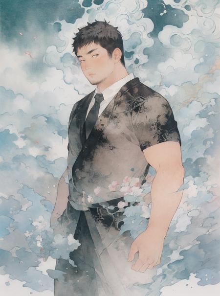 best quality,masterpiece,ultra high res, umino,Takato Yamamoto style,1boy,looking at viewer,yosshi film,stubble,gradient_background,bearstyle,(minimalism),zen,chinese painting,cloud,<lora:fatbear_v05:1:lbw=Gobuhime>,style,bearstyle,<lora:æµ·éæµ©æ¼ Umino_Hiromaku:0.7>,suit and tie,