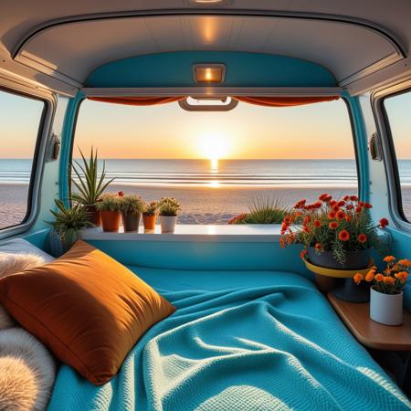 inside a cozy scifi campervan, comfy bed and warm blanket, plants, flowers, decoration, view from the back on quiet beach, sunrise, peaceful, vibrant colors, Moebius (Jean Giraud) Style page