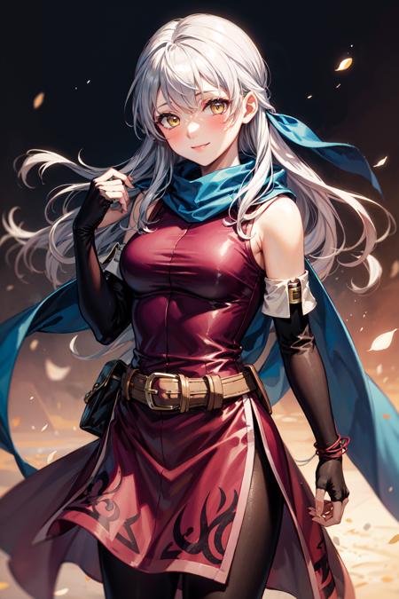 micaiah_(fire_emblem), 1girl, yellow eyes, solo, grey hair, half updo, ribbon, bare shoulders, dress, fingerless gloves,  sleeveless dress, scarf, braceletes, belt,  pantyhose <lora:micaiah-04:1>, facing viewer, smile, blush,  <lora:add_detail:0.7>