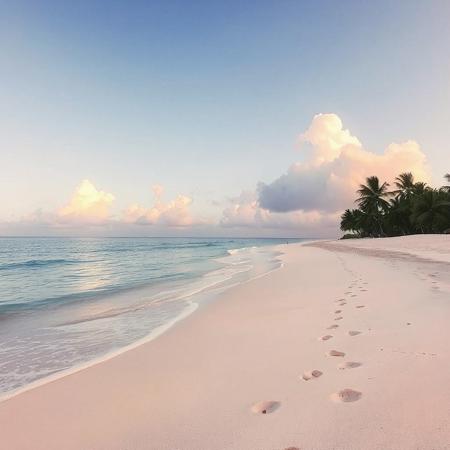 perfect carribean beach, into infinity, distant clouds on the horizon, perfect, pine trees, palm trees, barbados, gentle waves, shimmering waves, footprints in the sand, white coral sand, early evening, small shells scattered, gentle breeze